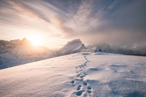 Χιονισμένο Βουνό Κορυφογραμμή Αποτύπωμα Χιονοθύελλα Στο Sunrise — Φωτογραφία Αρχείου