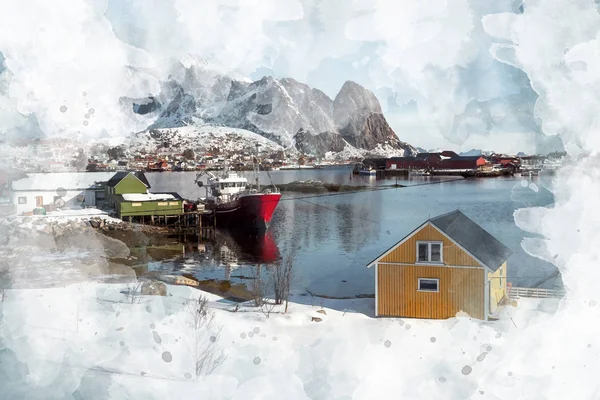 Akvarell Scandinavian Village Kusten Vid Lofoten Öarna — Stockfoto