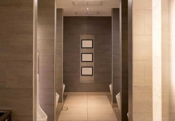 Toilettes Publiques Marron Luxe Avec Rangées Urinoir Céramique Blanche — Photo