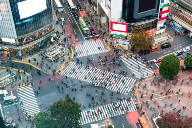 Shibuya geçiş Meydanı'nda kalabalık trafik ile genelinde yürüyüş yaya havadan görünümü