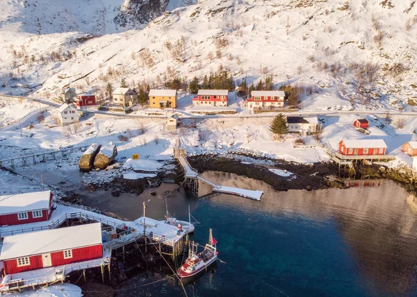 冬季海岸线上的鸟景红屋渔村 — 图库照片