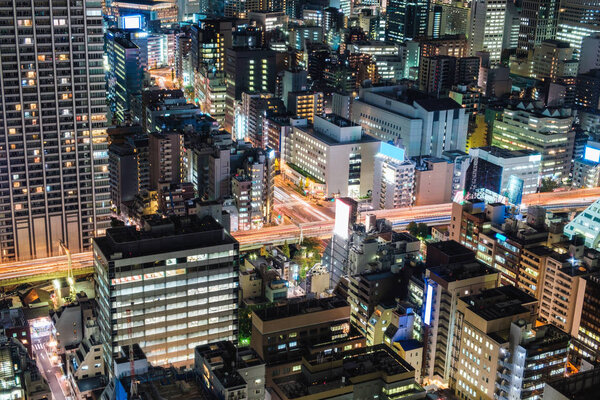 Aerial view of business district of skyscraper downtown in urban