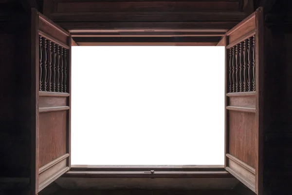 Puerta de madera vieja abierta y fondo blanco — Foto de Stock