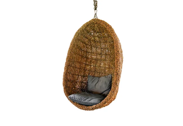 Wooden swing chair with rattan weave with pad hanging on backgro — Stock Photo, Image