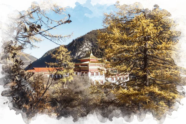 Monasterio de Chong Gu brillando en el bosque de pinos de otoño en Yading natur —  Fotos de Stock