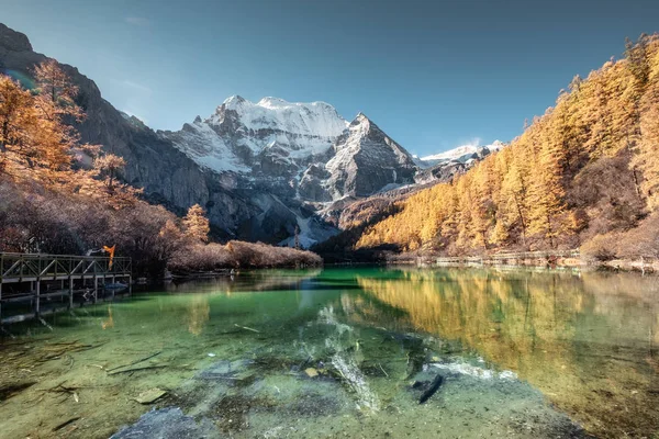 Xiannairi reflexão montanha no lago de esmeralda com pinho dourado f — Fotografia de Stock