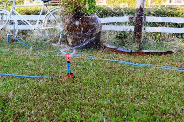 Sprinkler device with watering on lawn — Stock Photo, Image