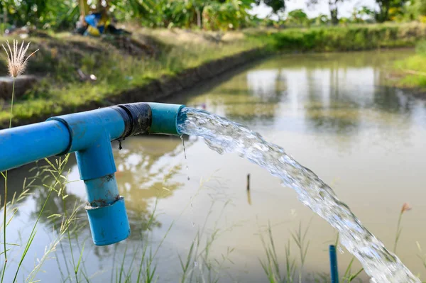 Agricultura tubería azul con chorro de agua subterránea — Foto de Stock