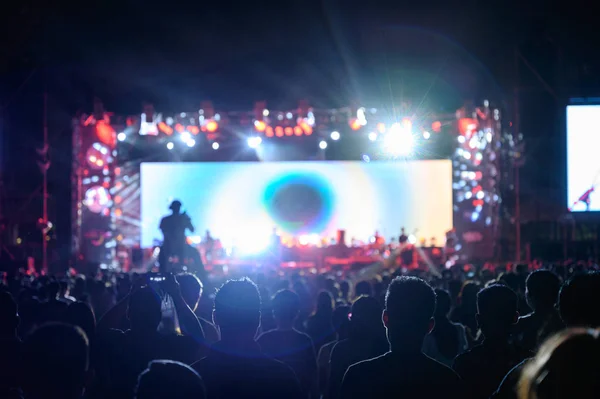 Silhouette youth audience are watching the night concert — Stock Photo, Image