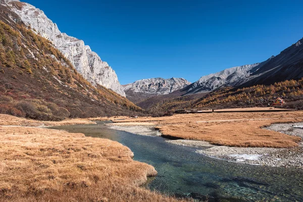 Montanha tibetana sagrada com prado dourado e rio no outono — Fotografia de Stock