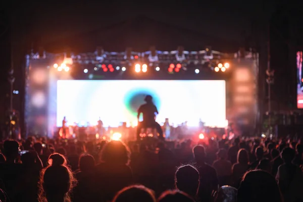 Publiczność Silhouette ogląda koncert nocny — Zdjęcie stockowe