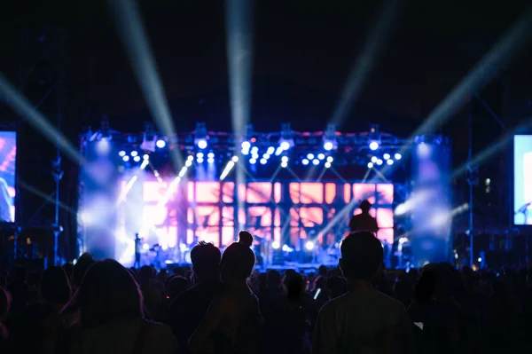 Publiczność Silhouette ogląda koncert nocny — Zdjęcie stockowe