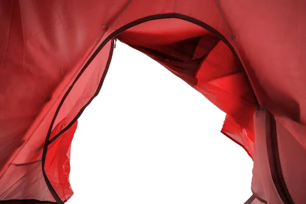 Inside of red tent camping with opening