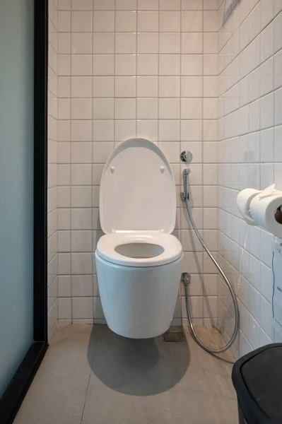 Çinde Bide Spreyi Seramik Duvarda Kağıt Olan Modern Tuvaletin Içi — Stok fotoğraf