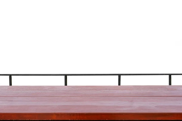 白色底座上有金属栏杆的红色木制桌面 — 图库照片