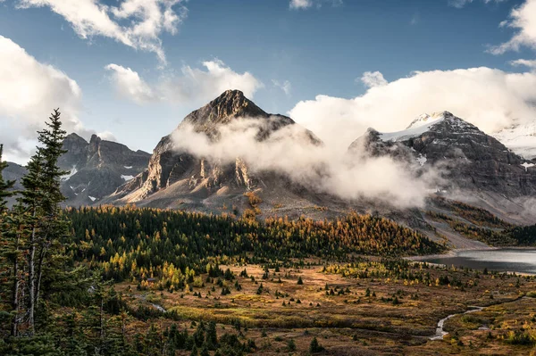 Montanhas Rochosas Com Nevoeiro Céu Azul Floresta Outono Parque Provincial — Fotografia de Stock