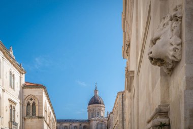 Aslan heykel bir duvar, bir bina uzun boylu kilise kubbe kule arka planda, Dubrovnik'in tarihi kent, Hırvatistan ile yüz