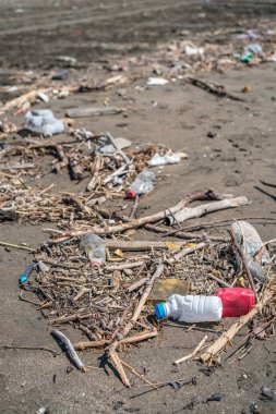 Çöp, çöp ve plastik şişe bir kez güzel Velika Plaza yanında Ulcinj, Karadağ sahilde deniz büyük miktarda yıkanmış