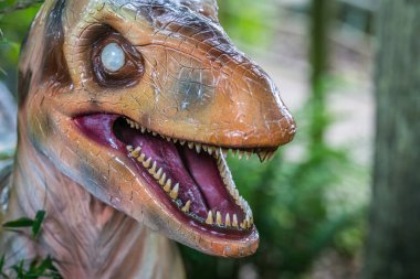 Açık ağız bir Velociraptor dinozor heykel keskin dişleri gösterilen