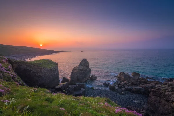 Pôr Sol Sobre Costa Cornish Perto Ives Cornwall Inglaterra — Fotografia de Stock