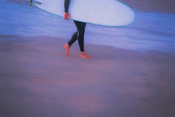 Surfa Instruktör Bär Hans Surfa Ombord Stranden Saint Ives Cornwall — Stockfoto