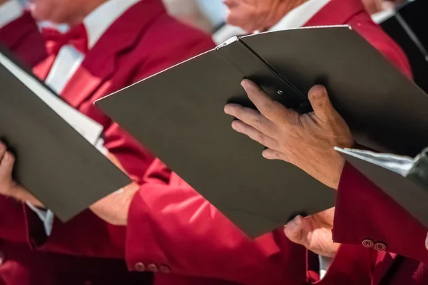 Close Mens Choir Members Holding Singing Book While Performing Cathedral — Stock Photo, Image
