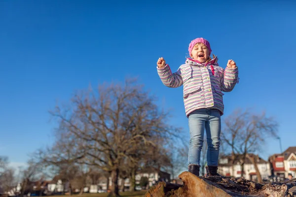 Niedliches Kleines Mädchen Das Vor Freude Schreit Während Frühling Auf — Stockfoto