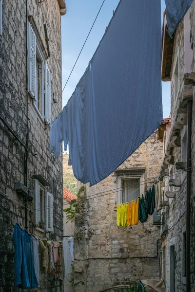 Praní Sušení Prádelní Šňůru Starém Městě Dubrovníku Chorvatsko — Stock fotografie