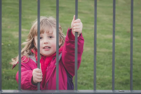 Little Cute Caucasian Girl Dressed Pink Jacket Standing Metal Gates — Stock Photo, Image