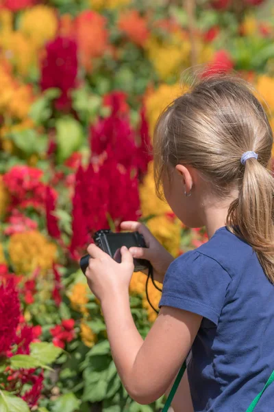 Bonito Menina Caucasiana Tirar Fotos Flores Coloridas Parque Primavera — Fotografia de Stock