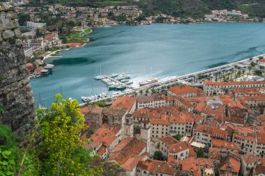 Kotor, Karadağ - Nisan 2018: Evleri ve Kotor şehir, kasaba yukarıda kaleye izi görüldüğü gibi limanda
