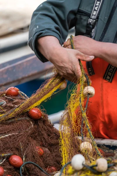 Dubrovnik Croacia Abril 2018 Pescador Desenredando Peces Capturados Red —  Fotos de Stock