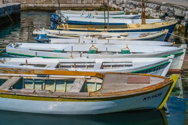Perast Montenegro April 2018 Row Anchored Fishing Boats Shore Beautiful — Stock Photo, Image