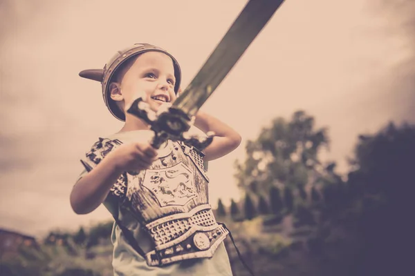 Boy dressed as a fearless  knight — Stock Photo, Image