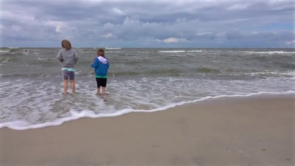 秋の荒海の波が近づいて楽しむ海の海のビーチに立っている小さな男の子と女の子 — ストック動画