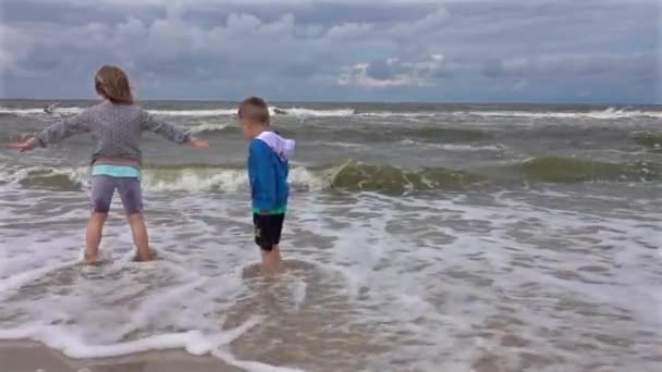 秋の荒海の波が近づいて楽しむ海の海のビーチに立っている小さな男の子と女の子 — ストック動画