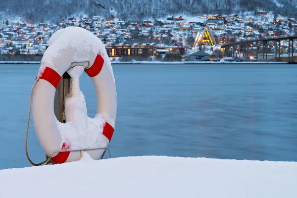 Lifebuoy покрыт снегом — стоковое фото
