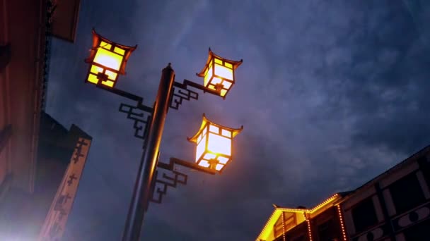 Brightly Lit Lamppost Street Wulingyuan Dusk Night Hunan Province China — Stock Video