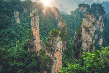 Tianzi sıradağlarının çarpıcı kaya sütunları Avatar Dağları doğa parkı, Zhangjiajie, Çin