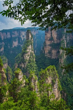 Büyülü teras perspektifinden görülen dikey karst sütun kaya oluşumları Avatar Dağları doğa parkı, Zhangjiajie, Çin