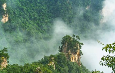 Zhangjiajie Ulusal Parkı 'ndaki Tianzi dağlarının yalnız taş sütunu, ünlü bir turistik eğlence merkezi, Wulingyuan, Hunan Eyaleti, Çin