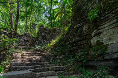Çin 'in Yangshuo yakınlarındaki yemyeşil tropikal ormanın ortasındaki eski bir köyün terk edilmiş evleri arasında beton adımlardan oluşan bir yol.