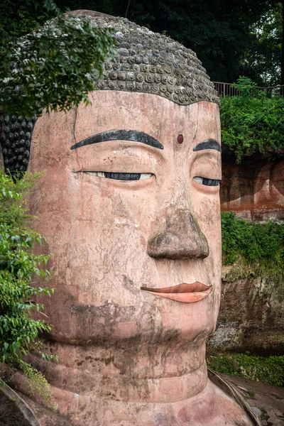 Närbild Huvudet Jätte Leshan Buddha Meter Hög Stenstaty Byggd Mellan — Stockfoto