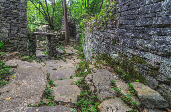 Empty, ruined and overgrown by tropical plants ancient and old abandoned houses of a local village located in the middle of the lush tropical forest near Yangshuo, China