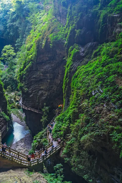 Вулонг Китай Серпень 2019 Туристи Йдуть Дерев Яній Штучній Скелі — стокове фото