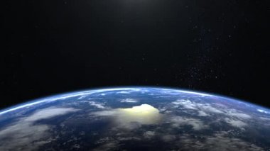 Dünyadan uzaya. Kamera Dünya 'ya yaklaşıyor. Çerçevede güneş yok. Yıldızlar parıldıyor. 4 bin. Gün doğumu. Gerçekçi atmosfer. 3 Boyutlu Ses Ölçümü Bulutları.