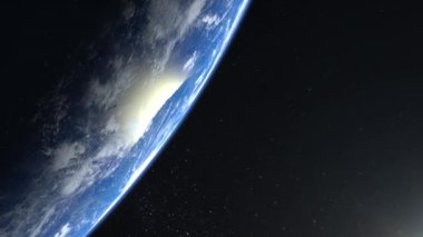 Dünyadan uzaya. Yıldızlar parıldıyor. Dünya üzerinde uçmak. Kamera sola doğru dönmektedir. 4 bin. Dünya yavaşça döner. Gerçekçi atmosfer. 3D Volumetrik Bulutlar. Çerçevede güneş yok..