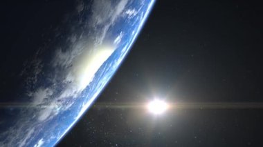Dünyadan uzaya. Yıldızlar parıldıyor. Dünya üzerinde uçmak. Kamera sola doğru dönmektedir. 4 bin. Gün doğumu. Dünya yavaşça döner. Gerçekçi atmosfer. 3D Volumetrik Bulutlar. Güneş çerçevenin içinde..