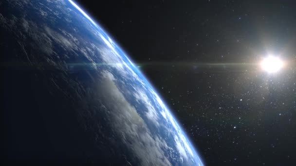 Ziemia z kosmosu. Gwiazdy błyszczą. Lot nad Ziemią. 4K. Wschód słońca. Ziemia powoli się obraca. Realistyczna atmosfera. 3D Obłoki objętościowe. Słońce jest w kadrze. Kamera odwraca się w prawo.. — Wideo stockowe