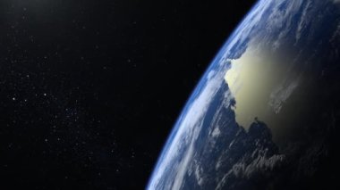 Dünyadan uzaya. Yıldızlar parıldıyor. Dünya üzerinde uçmak. Ufuk sağa doğru döndü. 4 bin. Dünya yavaşça döner. Gerçekçi atmosfer. 3D Volumetrik Bulutlar. Çerçevede güneş yok..